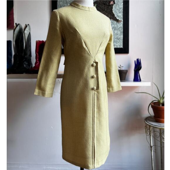 Vintage Dresses & Skirts - Vintage 60s Yellow Micro Plaid Dress | Mad Men Sheath Tweed Knit | Size S/M